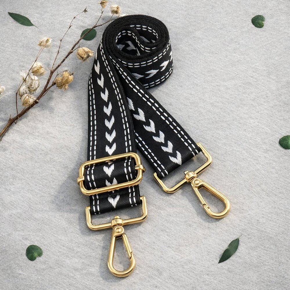 Boho Chevron Bag Strap Black White Adjustable Crossbody Gold Hardware Wide Purse